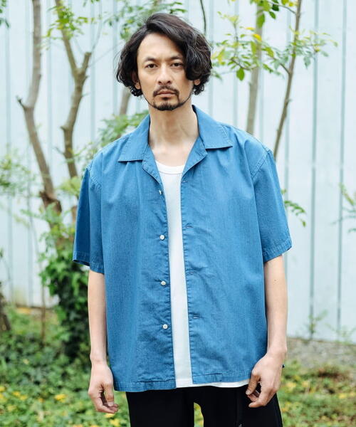 B MING by BEAMS 빔즈 데님 오픈 칼라 반팔 셔츠 92-01-0210-286