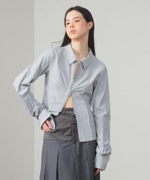 레이 빔즈 스트라이프 지퍼 긴팔 셔츠 여성 61-11-0707-370