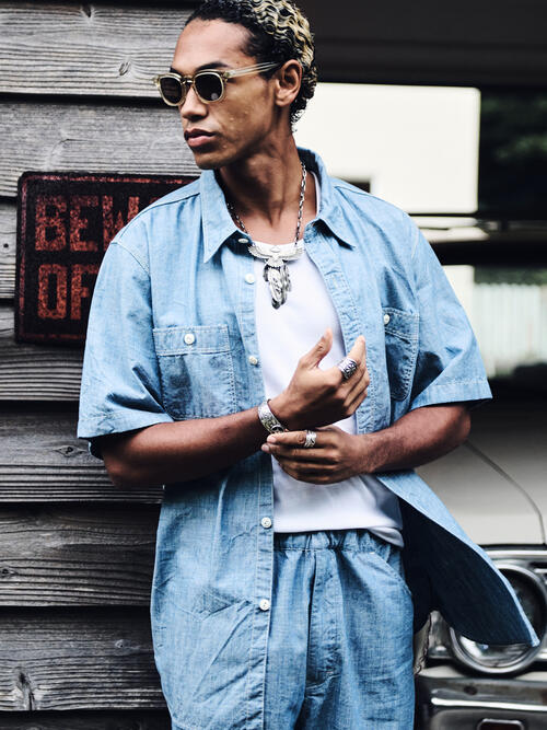 THE FLAT HEAD 플랫헤드 샴브레이 반팔 워크 셔츠 FN-SCK-010S