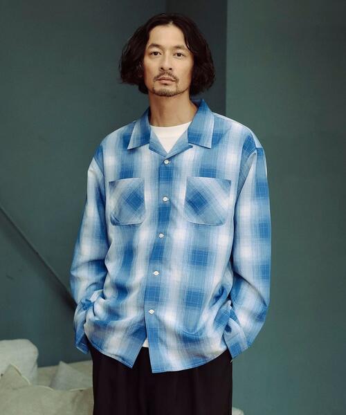 B MING by BEAMS 빔즈 옴브레 체크 오픈 칼라 셔츠 92-11-0395-147