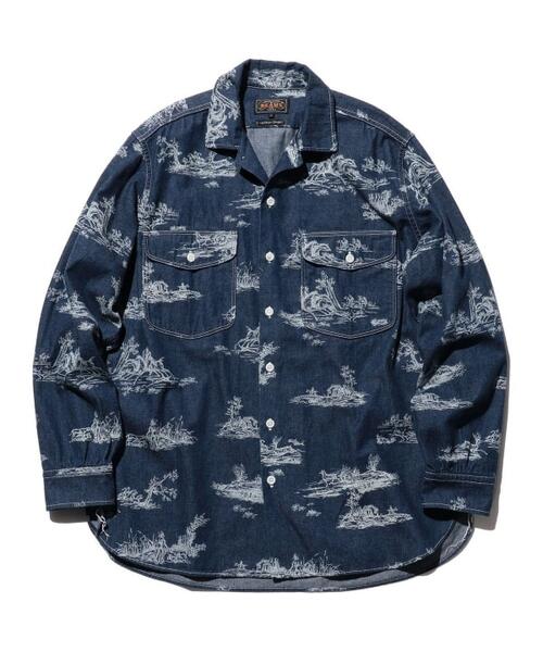 빔즈 플러스 워크 셔츠 WORK Classic-fit Denim Discharge Jouy Print 38-11-1665-791